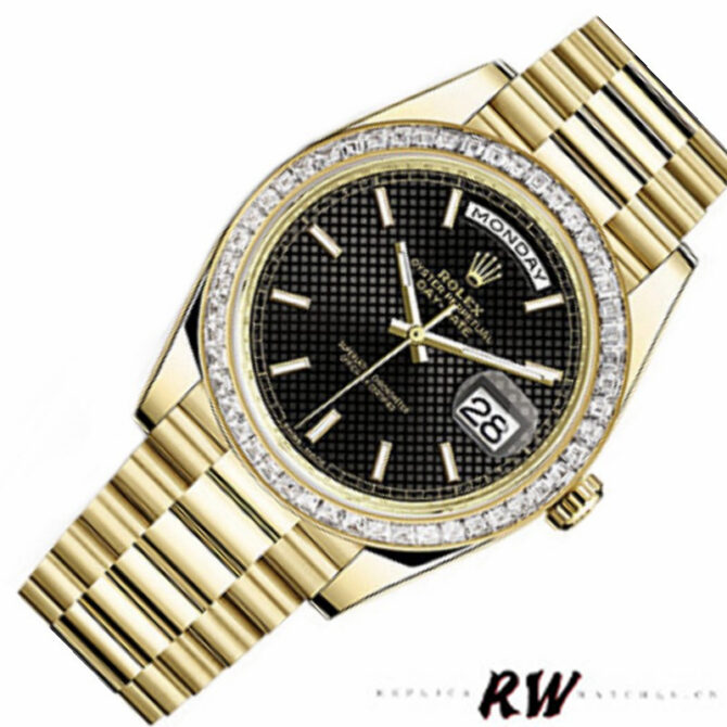 Replica Rolex Day-Date 228398TBR Black Diagonal Motif Dial Diamond Bezel 40mm Mens Watch