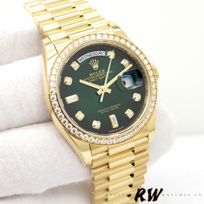 Replica Rolex Day-Date 128348RBR Green Ombre Diamond Dial Yellow Gold 36MM Unisex Watch