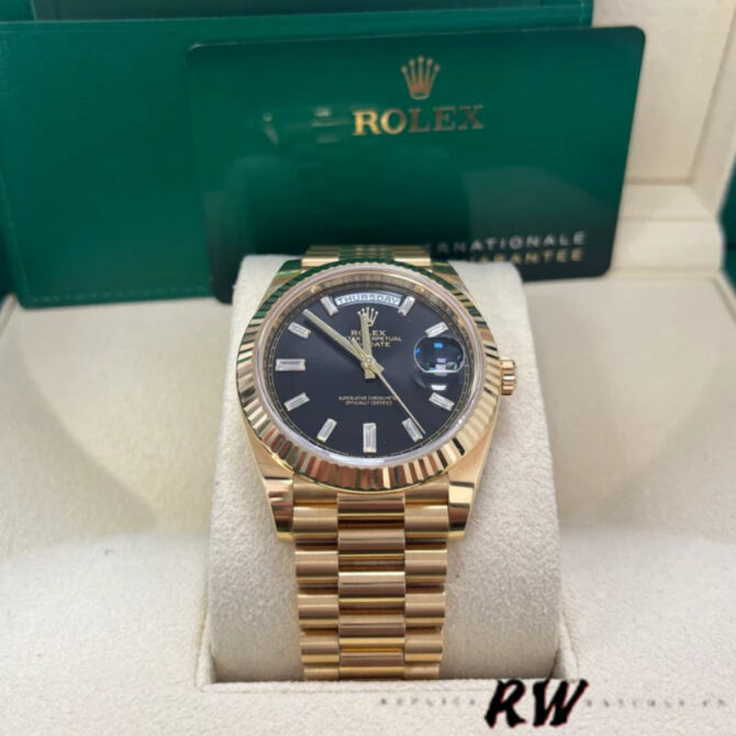 Replica Rolex Day-Date 228238 Black Diamond Dial Fluted Bezel 40mm Mens Watch
