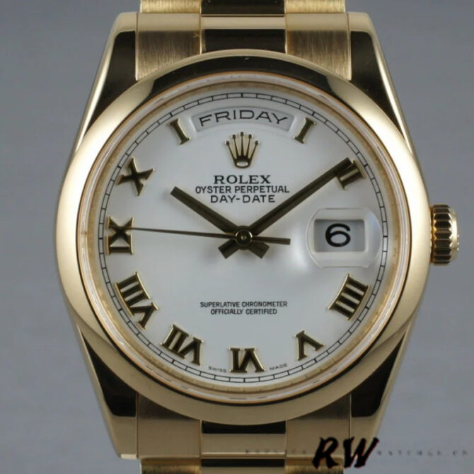 Replica Rolex Day-Date 118208 White Roman Dial Roman Numerals 36mm Unisex Watch