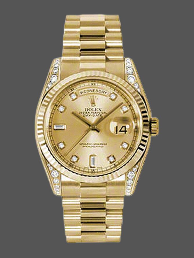 Replica Rolex Day-Date 118338 Yellow Gold Champagne Diamonds Dial 36mm Unisex Watch