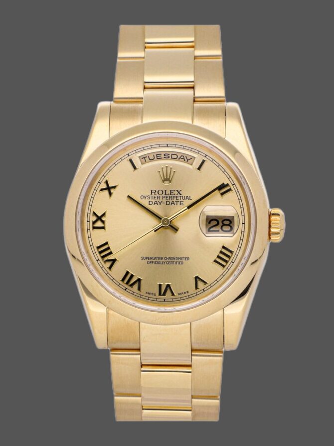 Replica Rolex Day-Date 118208 Yellow Gold Champagne Dial 36mm Unisex Watch