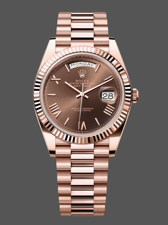 Replica Rolex Day-Date 228235 Chocolate Brown Dial Fluted Bezel 40mm Mens Watch