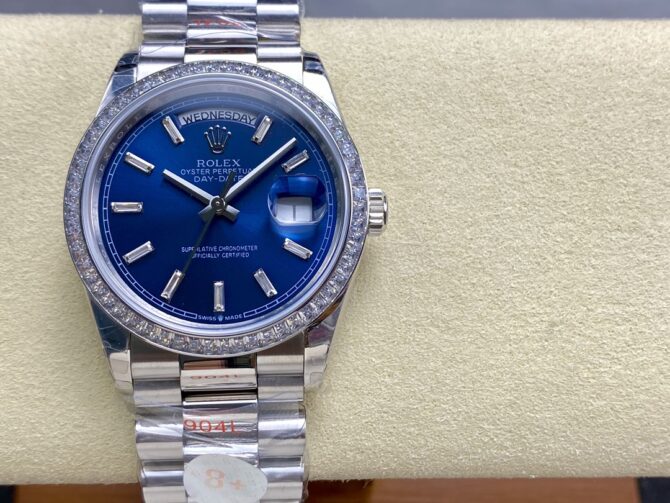 Replica Rolex Day Date 36mm Bright Blue Diamond-Set Dial Diamond-Set Bezel m128396tbr 0024