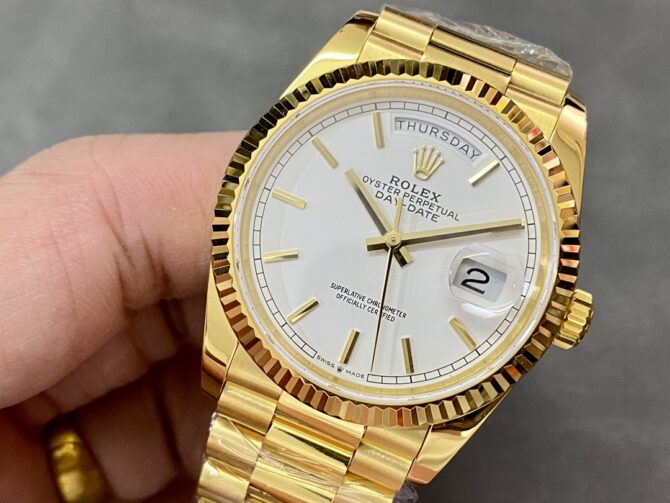 Replica Rolex Day-Date 36MM 128238 0081 Fluted Bezel White Index Dial Unisex Watch