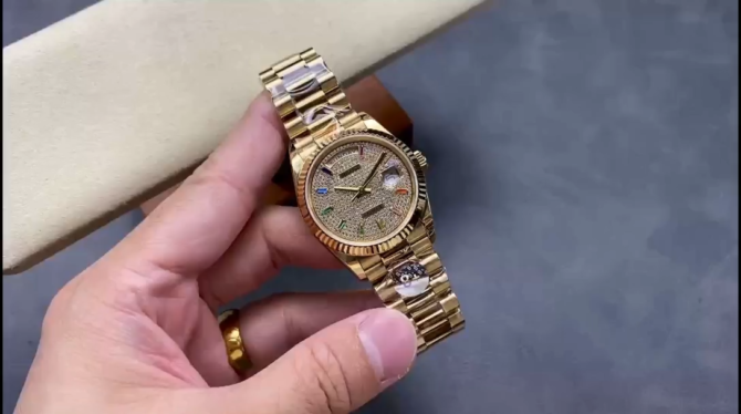 Replica Rolex Day Date 36mm Yellow Gold 128238 0051 Pave Rainbow Diamond Dial Fluted Bezel