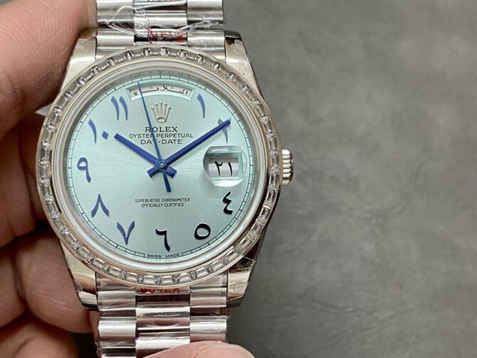 Replica Rolex Day-Date 40mm Platinum Ice Blue Arabic Dial Diamond Bezel 228396TBR Men's Watch