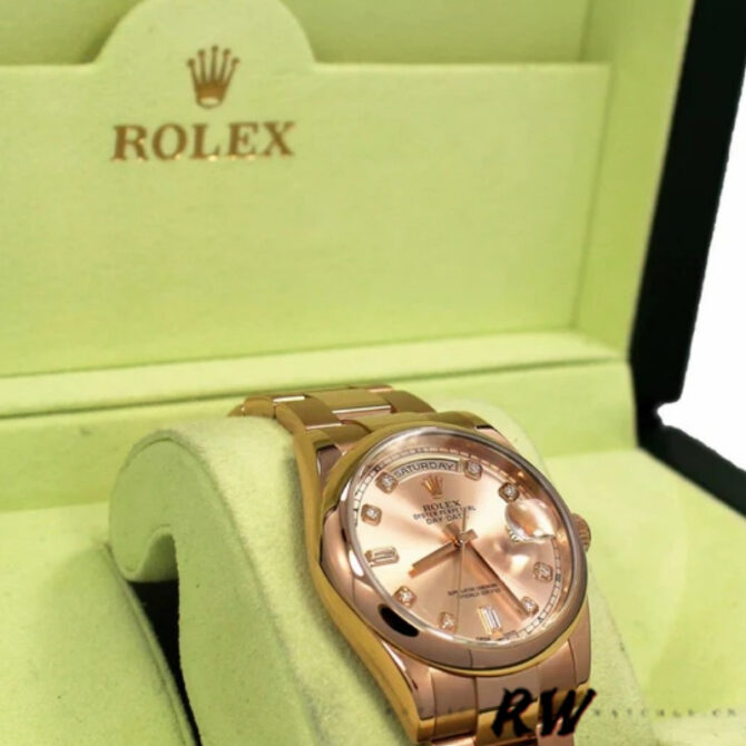 Replica Rolex Day-Date 118205 Rose Gold Pink Diamond Dial 36mm Unisex Watch