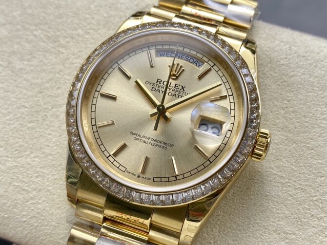 Replica Rolex Day Date 36 Yellow Gold Champagne Dial Diamond Bezel m128348rbr 0026
