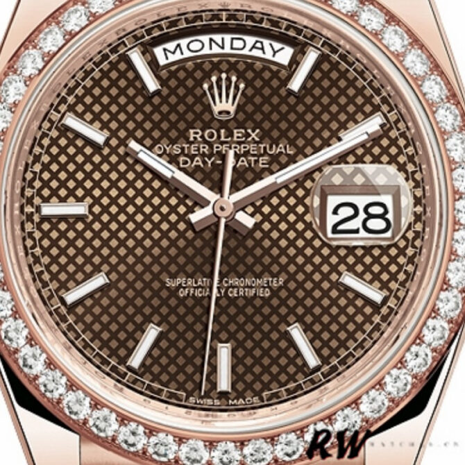 Replica Rolex Day-Date 228345RBR Chocolate Brown Diagonal Motif Dial Diamond Bezel 40mm Mens Watch