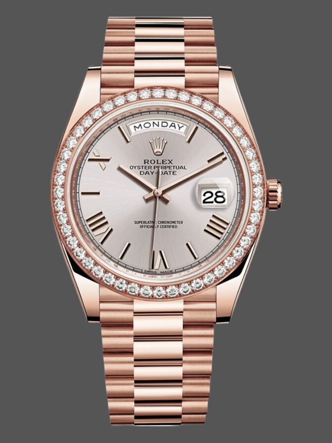 Replica Rolex Day-Date 228239 Diamond Paved Dial Fluted Bezel 40mm Mens Watch