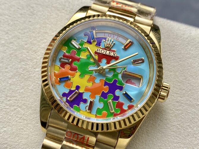 Replica Rolex Day Date 128238-0106 36mm Yellow Gold Fluted Bezel Emoji Puzzle Dial