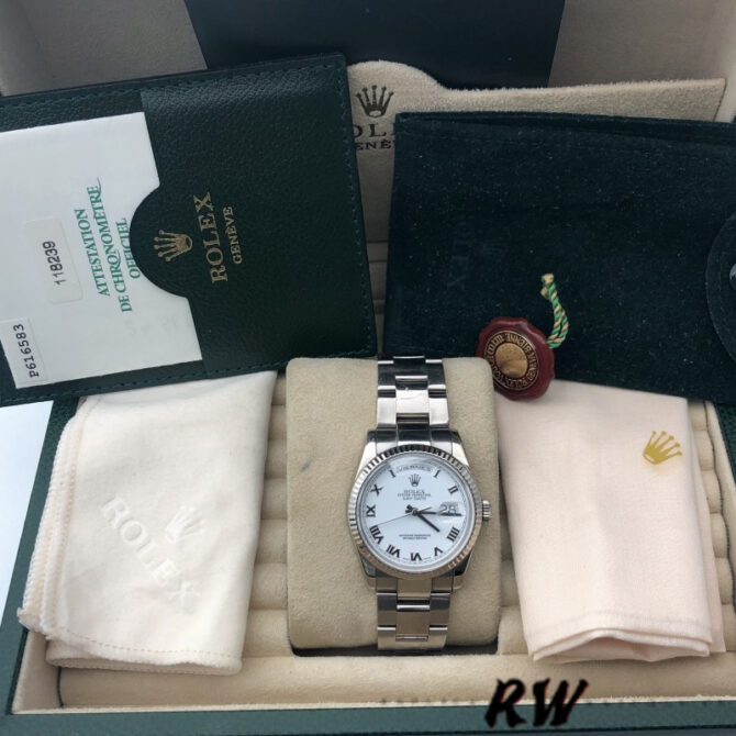 Replica Rolex Day-Date 118239 White Gold White Roman Numeral Dial 36mm Unisex Watch