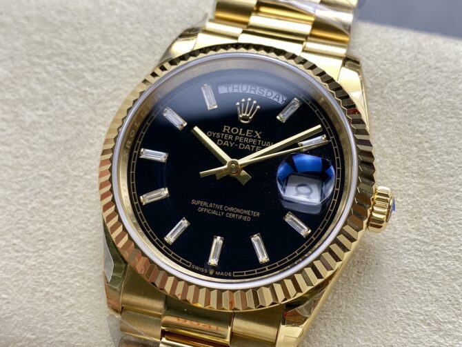 Replica Rolex Day-Date 228238 Black Diamond Dial Fluted Bezel 40mm Mens Watch