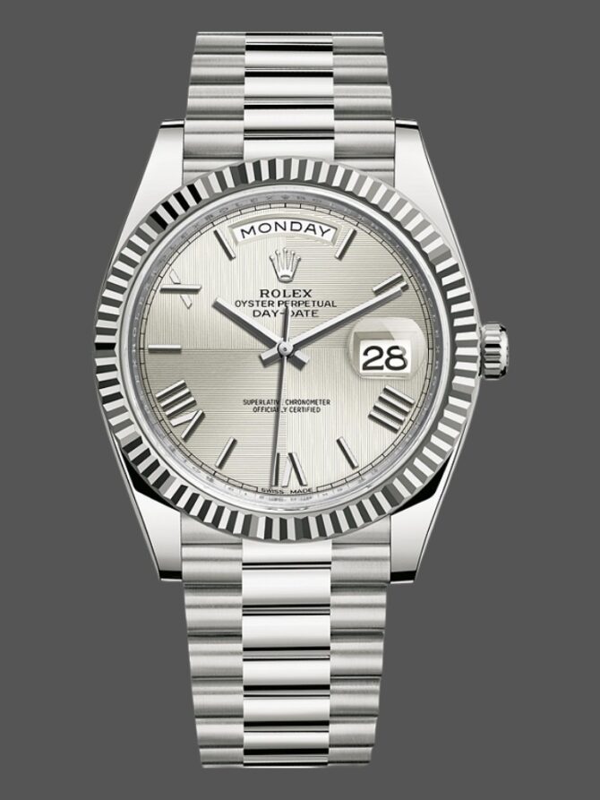 Replica Rolex Day-Date 228239 Silver Quadrant Motif Roman Dial Fluted Bezel 40mm Mens Watch