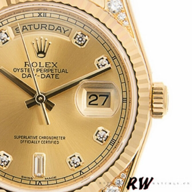 Replica Rolex Day-Date 118338 Champagne Diamonds Dial 36mm Unisex Watch