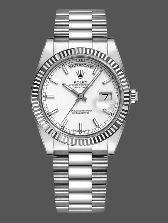Replica Rolex Day-Date 118338 Yellow gold Silver dial 36mm Unisex Watch