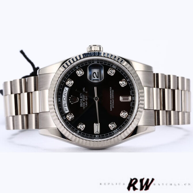 Replica Rolex Day-Date 118239 Black Diamonds Dial Fluted Bezel 36mm Unisex Watch
