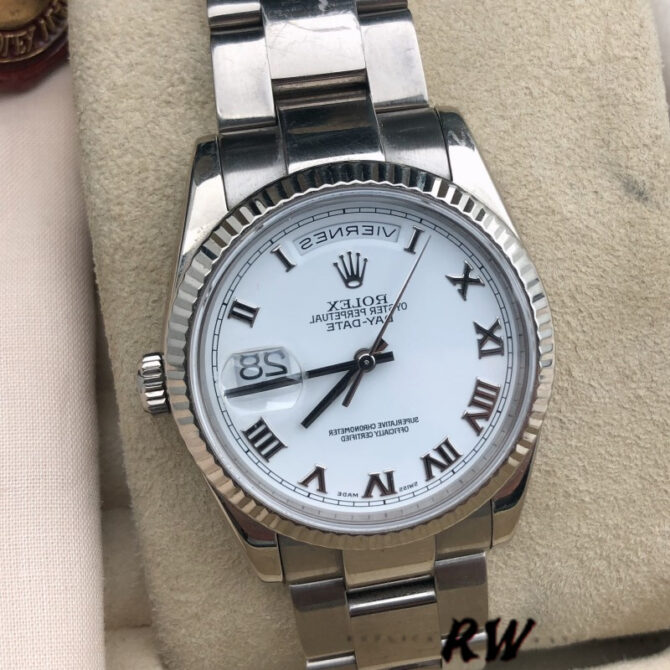 Replica Rolex Day-Date 118239 White Gold White Roman Numeral Dial 36mm Unisex Watch