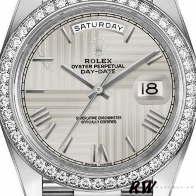 Replica Rolex Day-Date 228398TBR Silver Diagonal Motif Dial Diamond Bezel 40mm Mens Watch