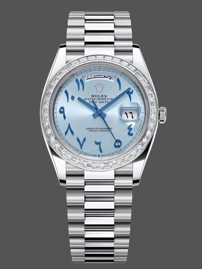 Replica Rolex Day-Date 40mm Platinum Ice Blue Arabic Dial Diamond Bezel 228396TBR Men's Watch