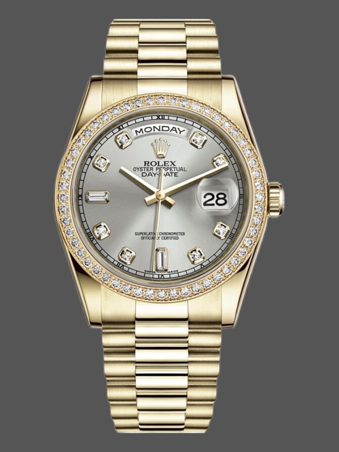 Replica Rolex Day-Date 118348 Silver Diamond Dial 36mm Unisex Watch