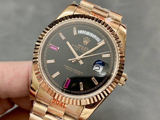 Replica Rolex Day-Date 218235 Diamonds and Rubies Black Dial Rose Gold 41MM Mens Watch