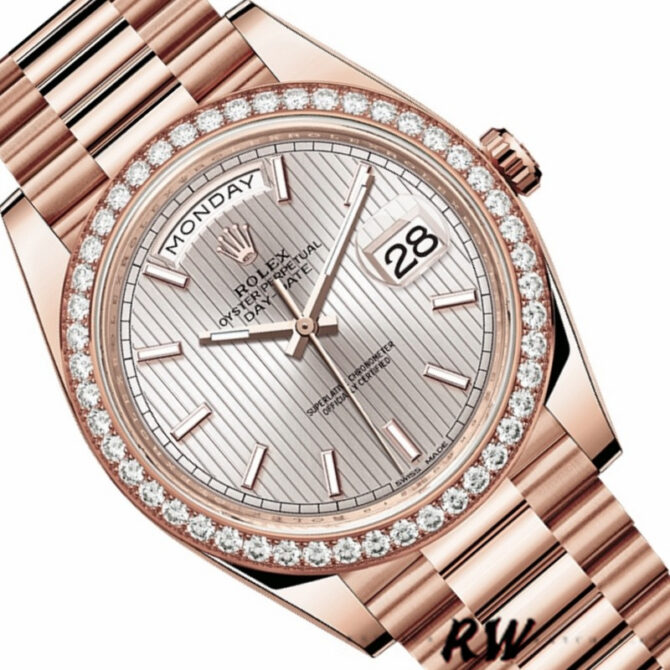 Replica Rolex Day-Date 228345RBR Sundust Stripe Motif Dial Diamond Bezel 40mm Mens Watch