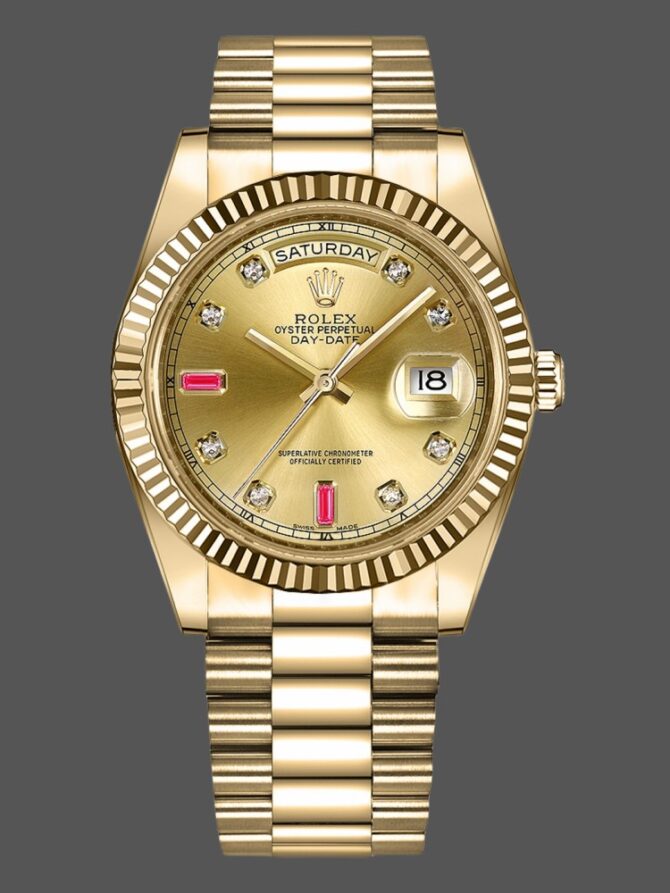 Replica Rolex Day-Date 218238 Champagne Ruby Dial Yellow Gold 41MM Mens Watch