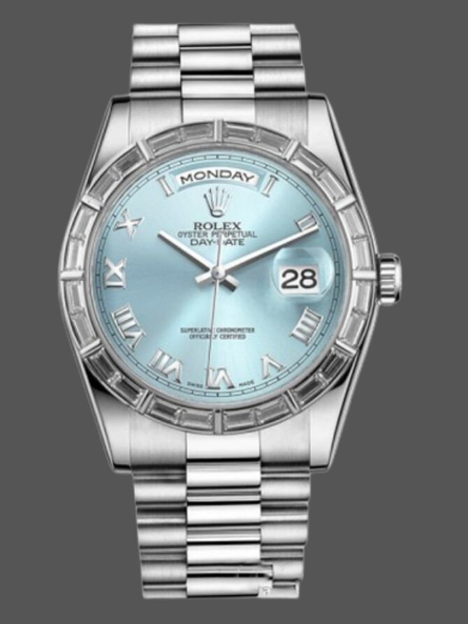 Replica Rolex Day-Date 118366 Ice Blue Dial Diamond Bezel 36mm Unisex Watch