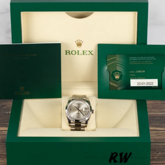 Replica Rolex Day-Date 228239 Silver Baguette Diamond Dial Fluted Bezel 40mm Mens Watch