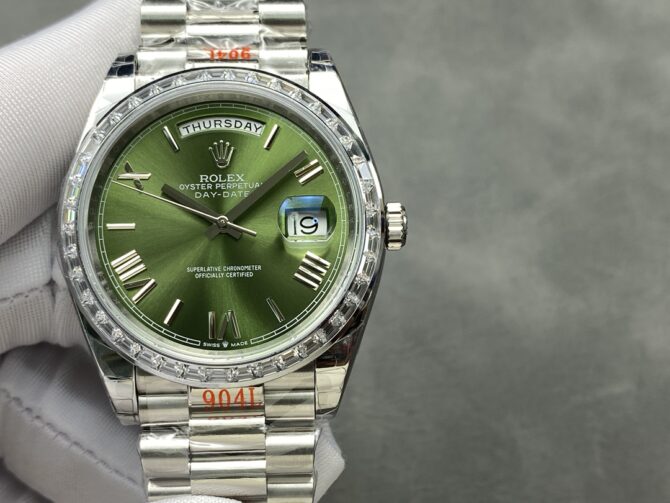 Replica Rolex Day Date 40 Platinum Olive Green Dial Diamond Bezel M228396TBR 0020 Watch