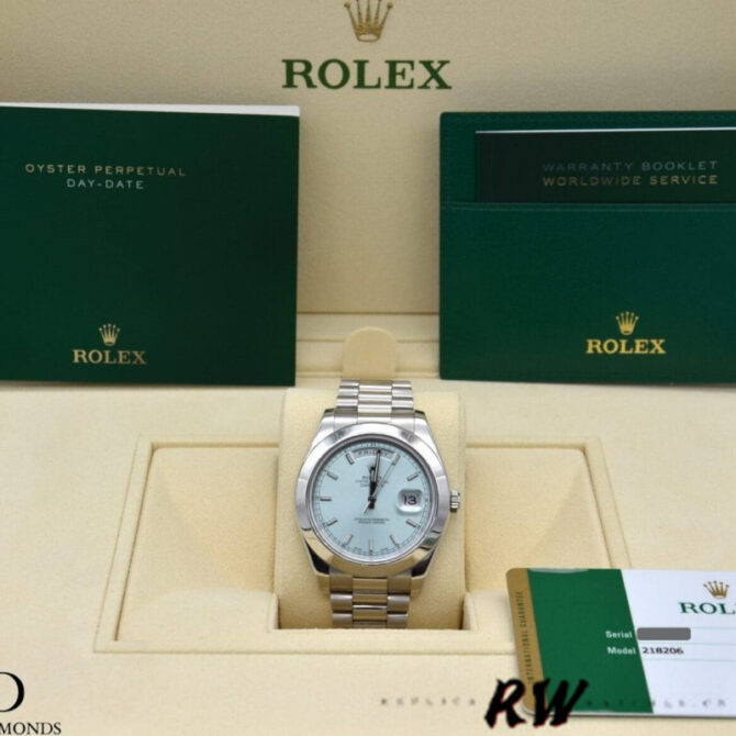 Replica Rolex Day-Date 218206 Ice Blue Roman Numeral Dial Platinum 41MM Mens Watch