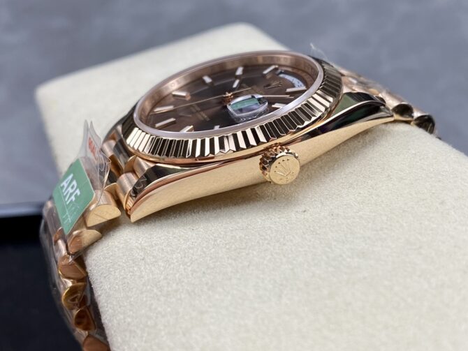 Replica Rolex Day-Date 228235 Chocolate Brown Dial Fluted Bezel 40mm Mens Watch