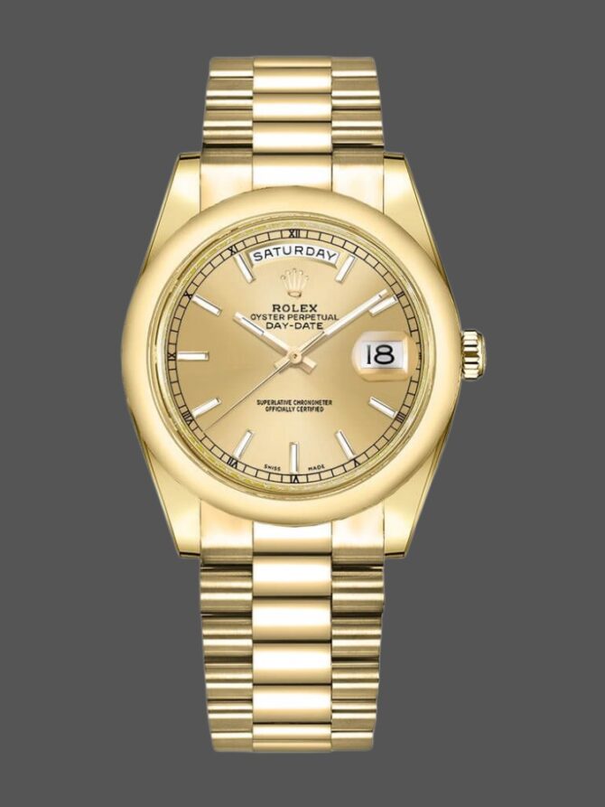 Replica Rolex Day-Date 118208 Yellow Gold Champagne Dial 36mm Unisex Watch