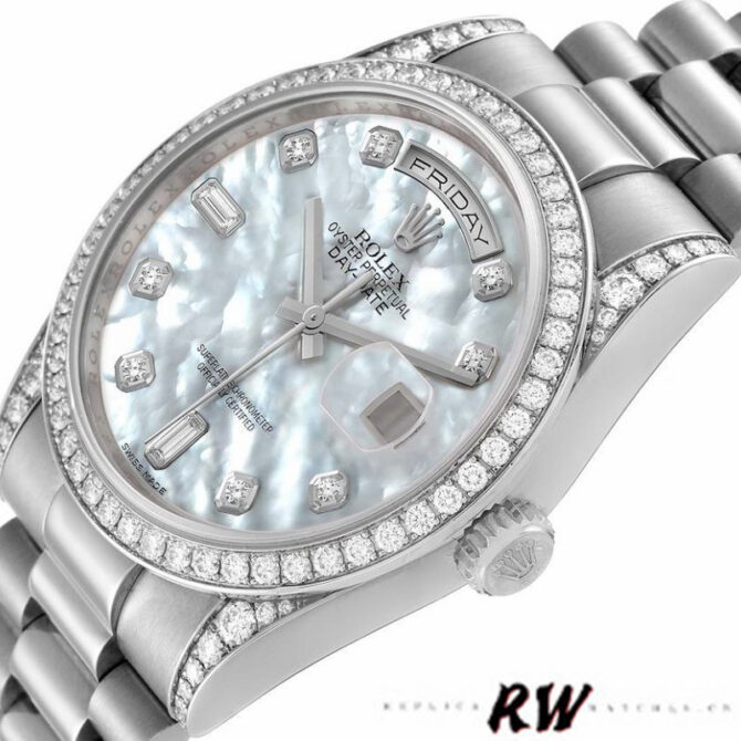 Replica Rolex Day-Date 118389 Diamond Bezel MOP White Dial 36MM Unisex Watch