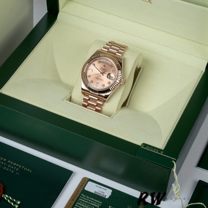 Replica Rolex Day-Date 218235 Champagne Diamonds Dial Rose Gold 41MM Mens Watch