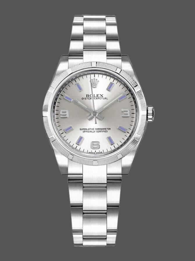 Rolex Oyster Perpetual 177210 Silver Dial Blue Hour Markers 31mm Lady Replica Watch