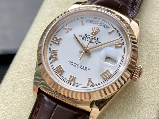 Replica Rolex Day Date 36 White Dial 118135 0064 Brown Leather Watch