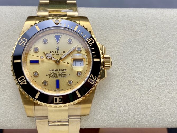 Rolex Submariner 40 18k Champagne Diamond Dial Black Bezel 16613T Gold Watch