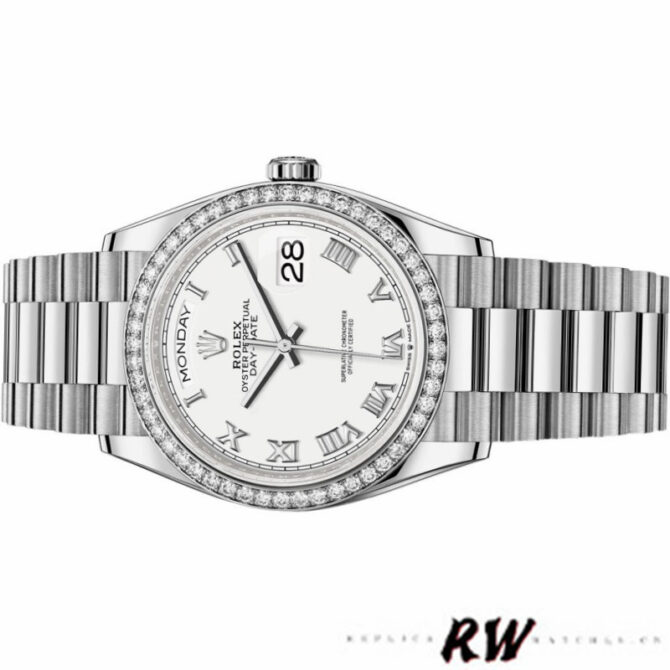 Replica Rolex Day-Date 128349RBR White Roman Dial Diamond Bezel 36MM Unisex Watch