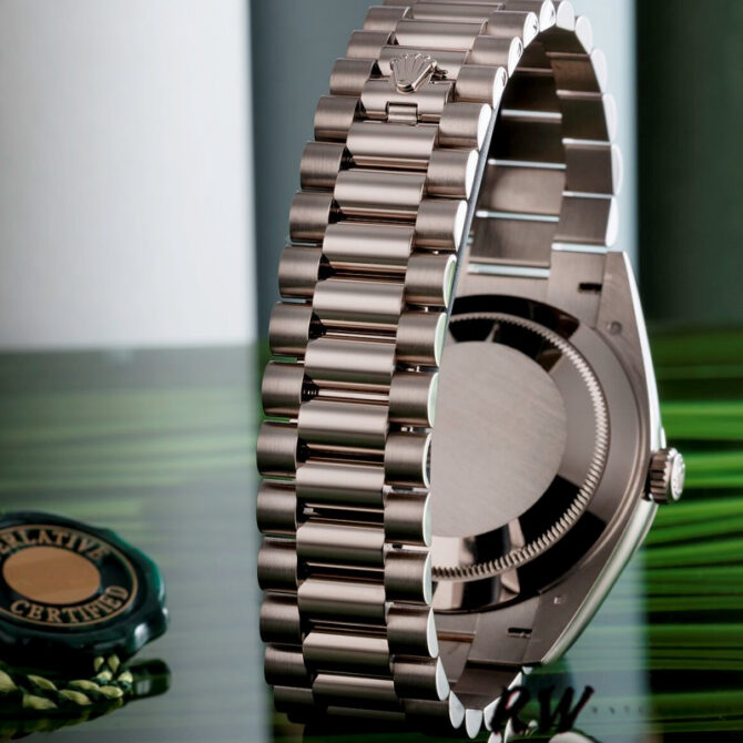 Replica Rolex Day-Date 228239 Silver Baguette Diamond Dial Fluted Bezel 40mm Mens Watch