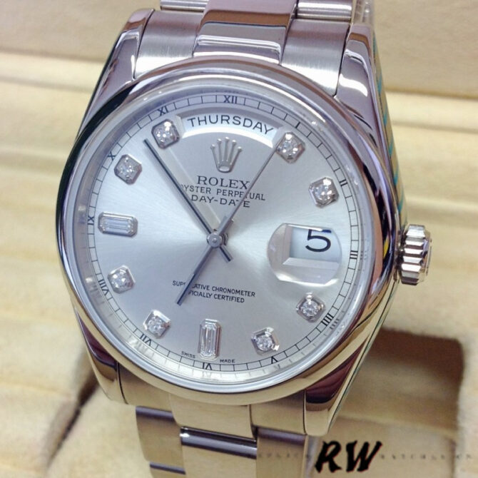 Replica Rolex Day-Date 118209 Silver Diamond Dial Automatic 36mm Unisex Watch