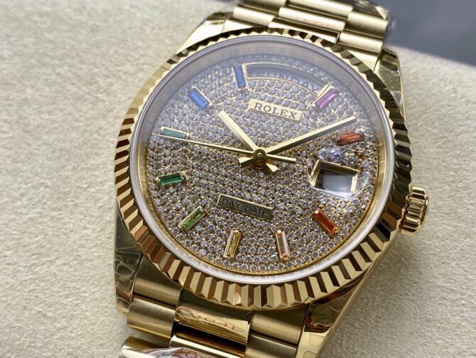 Replica Rolex Day Date 36mm Yellow Gold 128238 0051 Pave Rainbow Diamond Dial Fluted Bezel