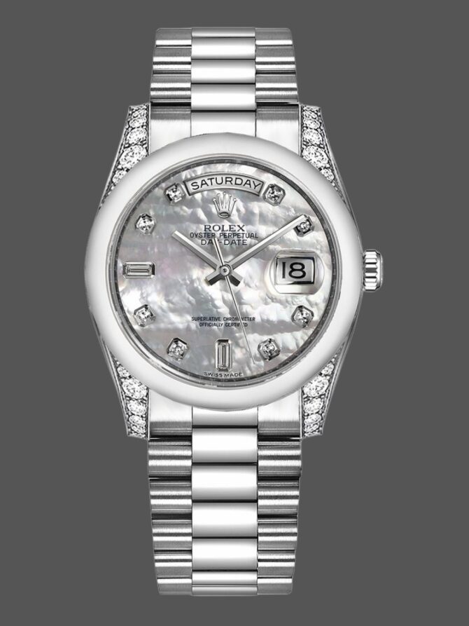 Replica Rolex Day-Date 118296 Platinum MOP White Dial Diamond 36mm Unisex Watch