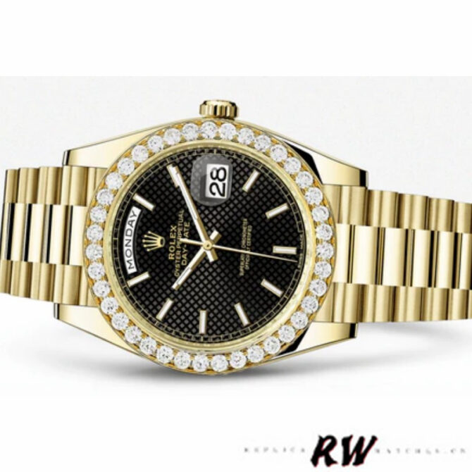 Replica Rolex Day-Date 228348RBR Black Diagonal Motif Dial Diamond Bezel 40mm Mens Watch