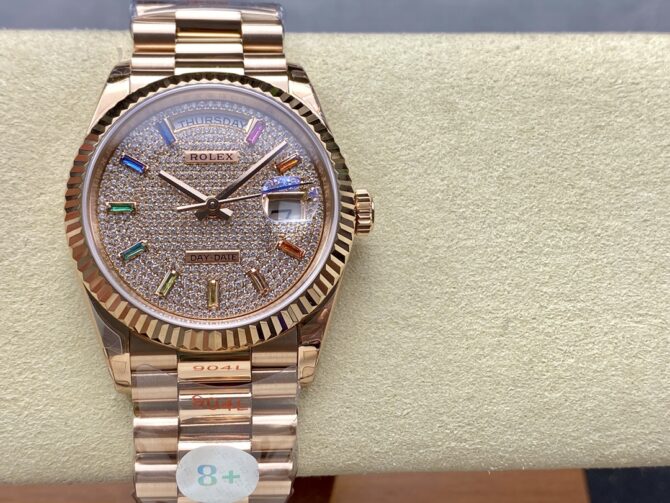 Replica Rolex Day Date 36 Diamond Paved Dial Fluted Bezel 18K Everose gold 128235 0039 President Watch