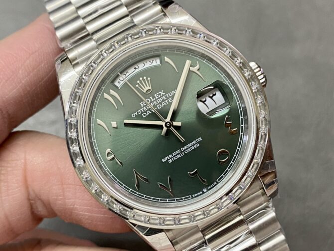 Replica Rolex Day-Date 40 Platinum Arabic Numerals Green with Diamonds 228396tbr