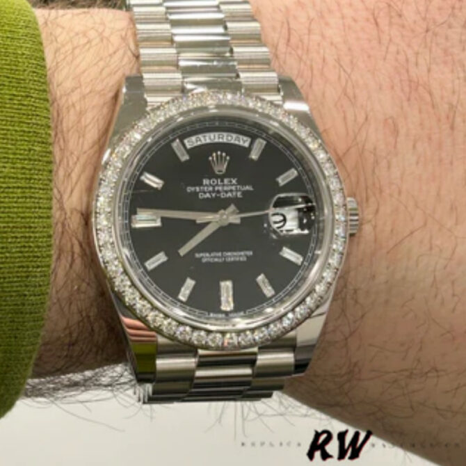 Replica Rolex Day-Date 228349RBR Black Dial Diamond Bezel 40mm Mens Watch