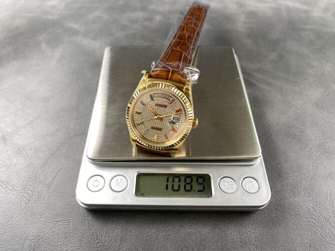 Replica Rolex Day Date 36mm Yellow Gold 128238 0051 Pave Rainbow Diamond Dial Fluted Bezel